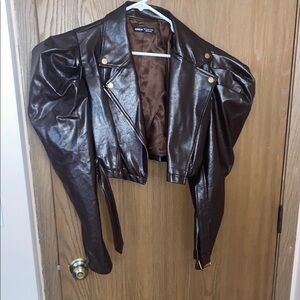 SHEIN Brown Cropped Faux Leather Jacket with Dramatic Sleeves